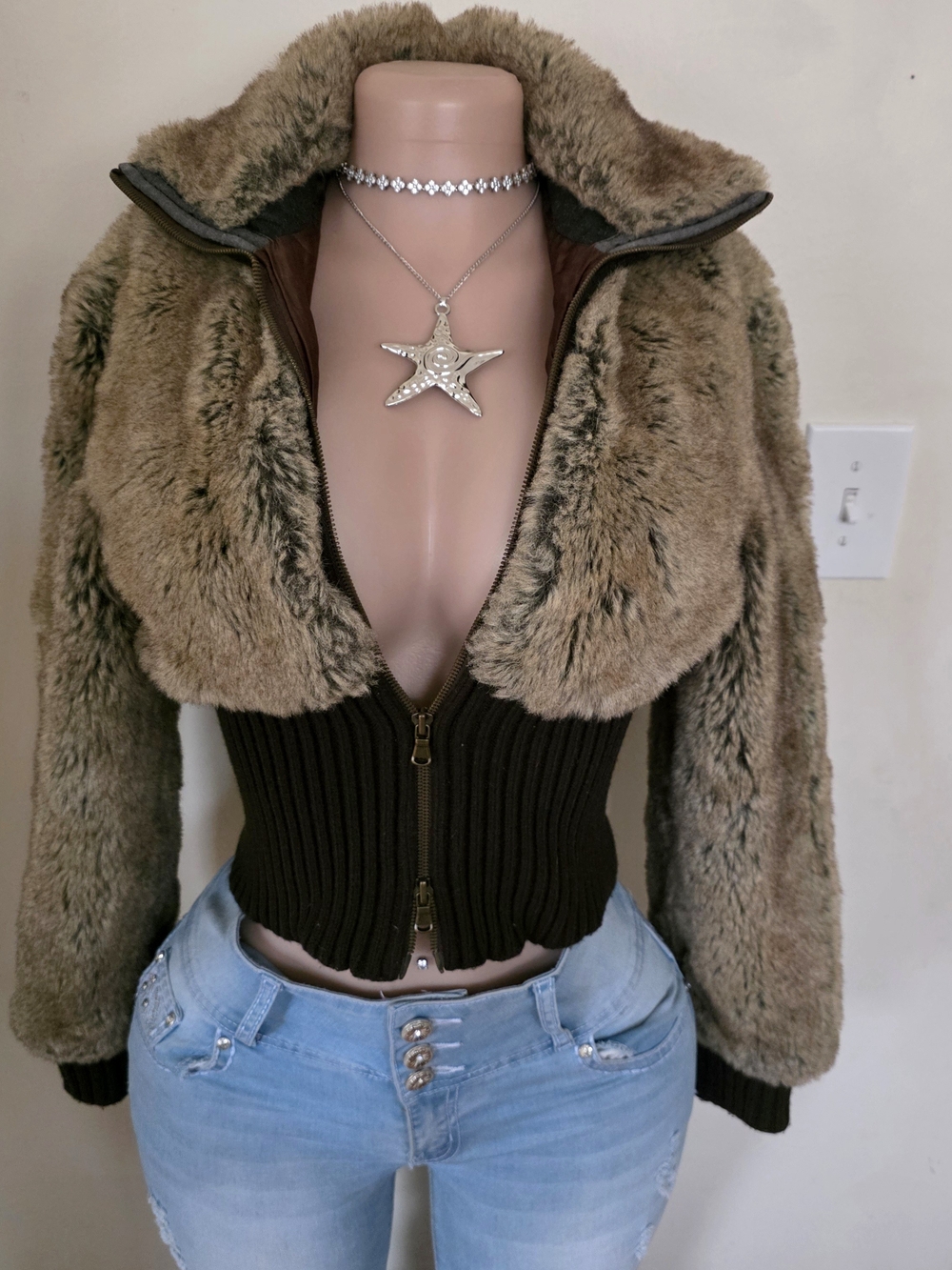 Express Brown Fur Cropped Jacket with Dark Brown Knit Waist
